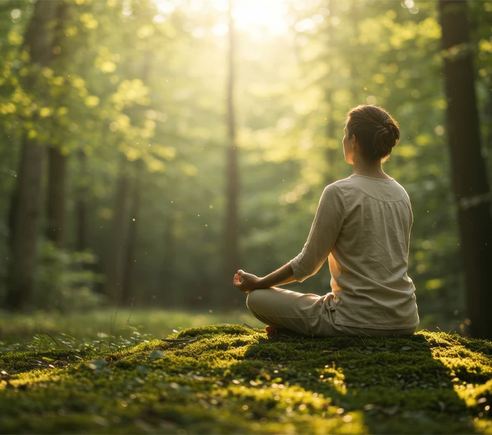 Bild på en kvinna som sitter i yogaställning i en skog